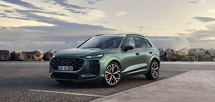 Ein Audi Q3 in Salbei auf einer Stra&szlig;e vor D&uuml;nen