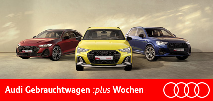 3 Audi Gebrauchtwagen vor Bergen auf Asphalt in verschiedenen Ansichten